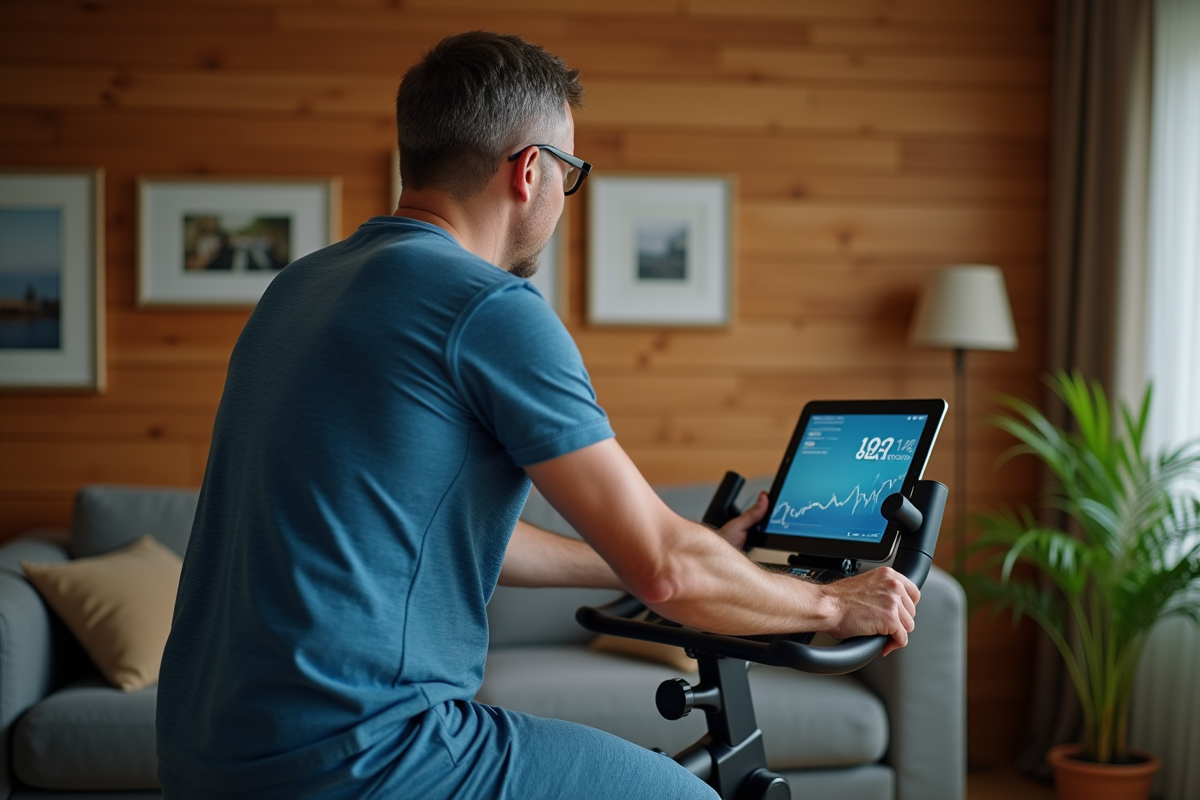 Homme utilisant application de vélo virtuel dans son salon chaleureux