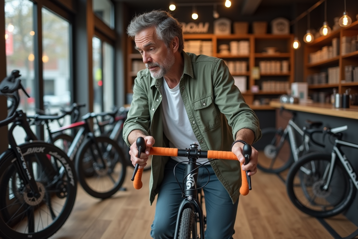 Homme vérifiant un vélo en magasin de vélo urbain