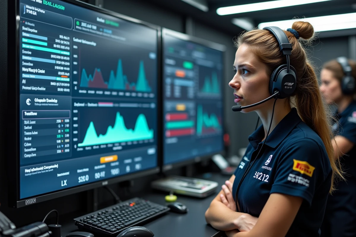 Ingénieure de l'équipe F1 analysant les données de classement et les écarts au chrono sur un écran dans le garage des stands