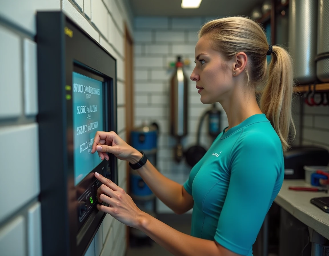 Instructrice de plongée utilisant une station de gonflage automatisée avec écran tactile dans un centre de plongée