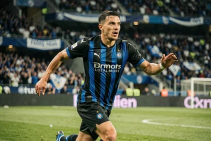 Joueur de l'Inter Milan en pleine course sur la pelouse lors d'un match de Ligue des Champions, stade plein en arrière-plan