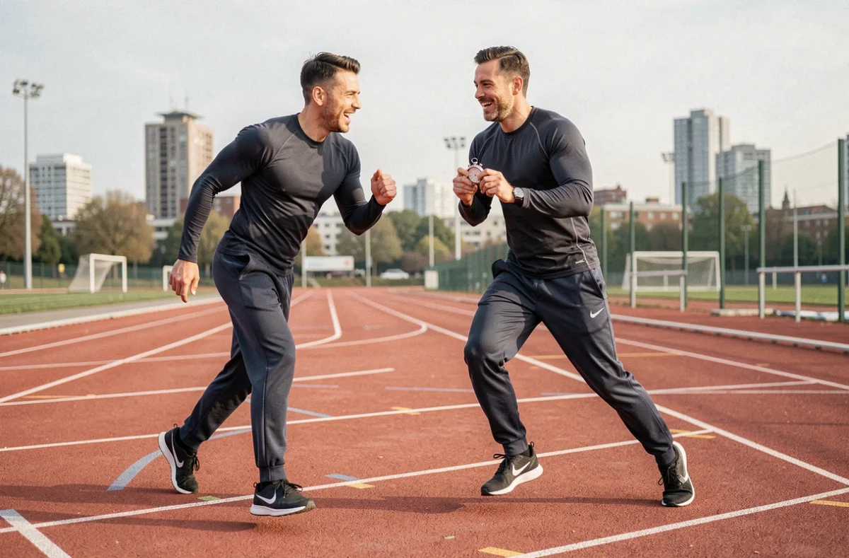 Jérémie Pétillon, coach en préparation physique à Lille, chronométrant un sprint d'un client sur une piste d'athlétisme