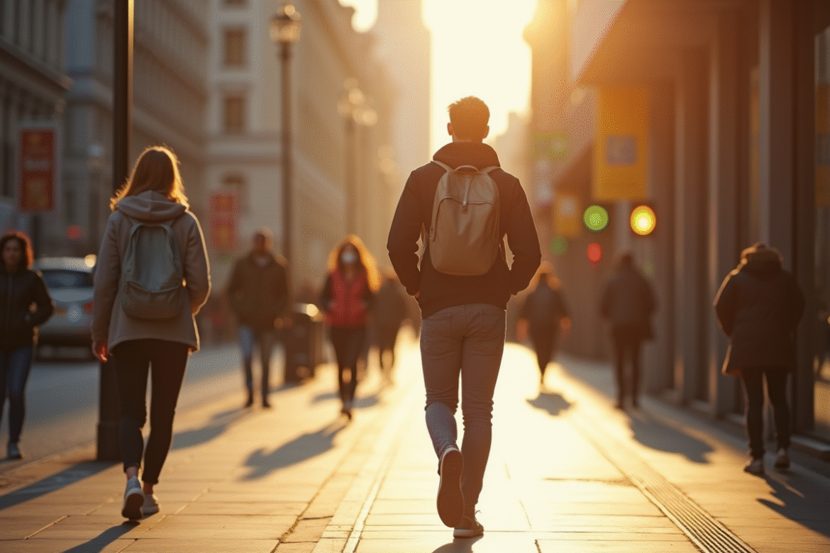 Jeune adulte marchant rapidement dans une rue urbaine ensoleillee