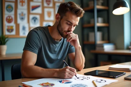 Jeune designer esquissant un logo de football dans son studio