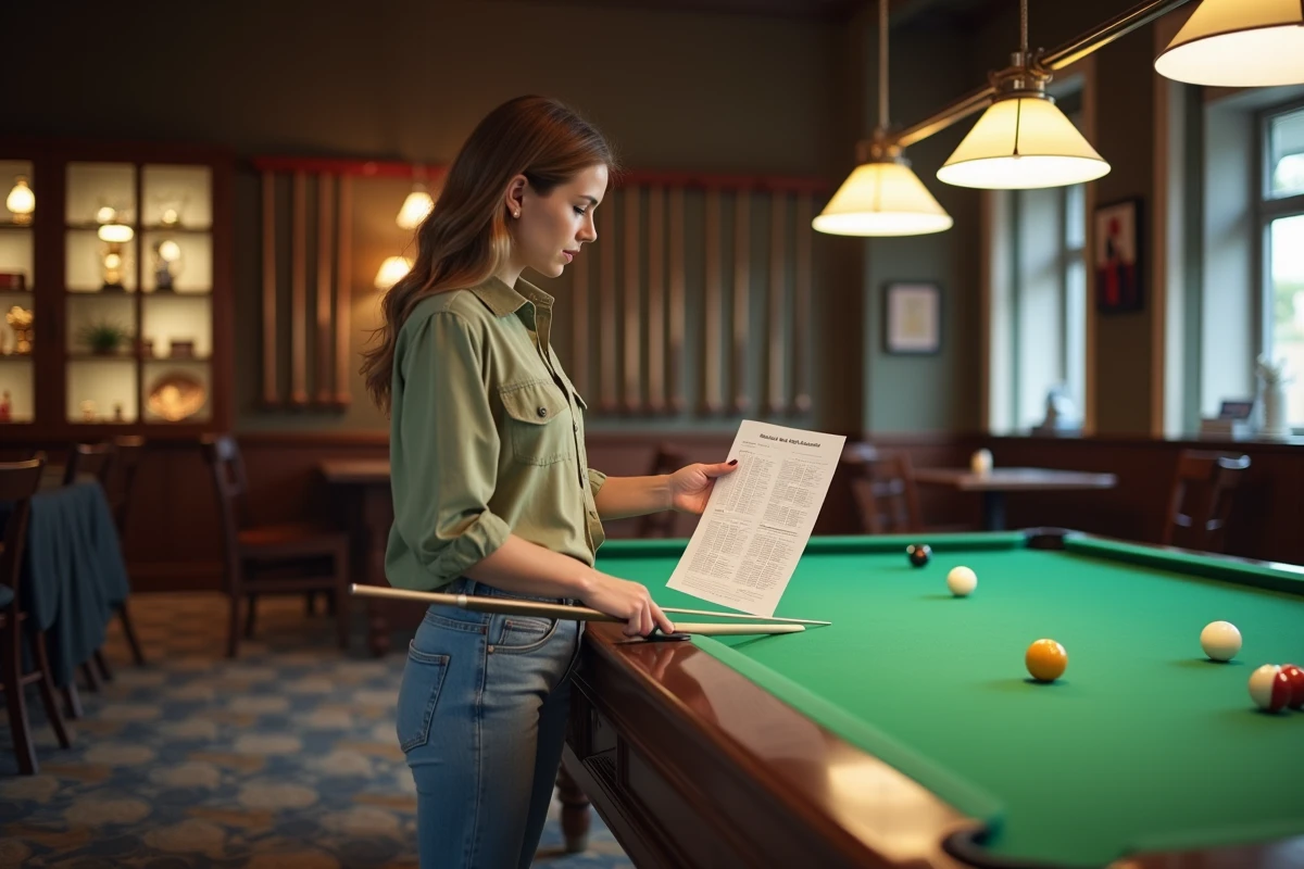 Jeune femme expliquant le billard avec calculateur