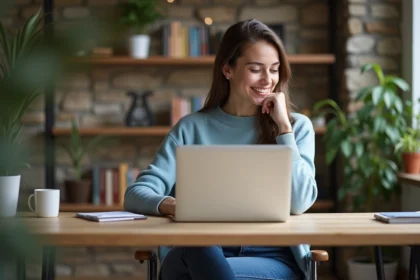 Jeune femme souriante dans un bureau moderne et cosy