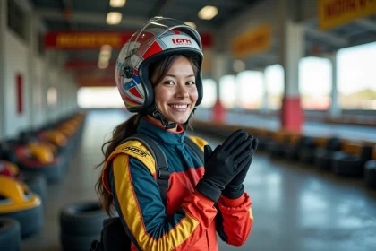Jeune femme en combinaison de course et casque souriante près d'un kart coloré