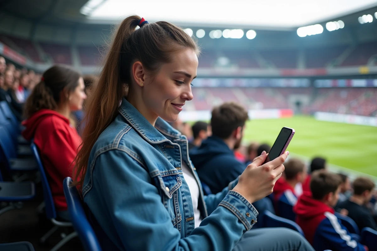 Jeune femme avec ticket rugby dans le stade de France
