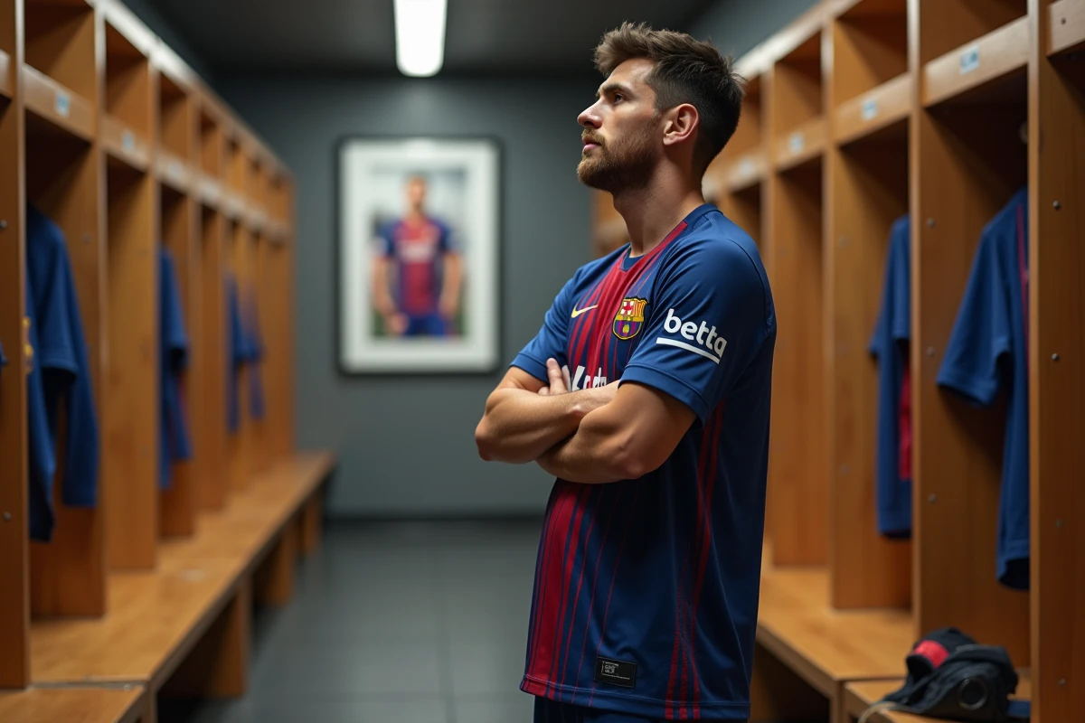 Jeune footballeur regardant un maillot de Messi dans le vestiaire