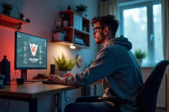 Jeune homme regardant un écran de Valorant en pleine réflexion