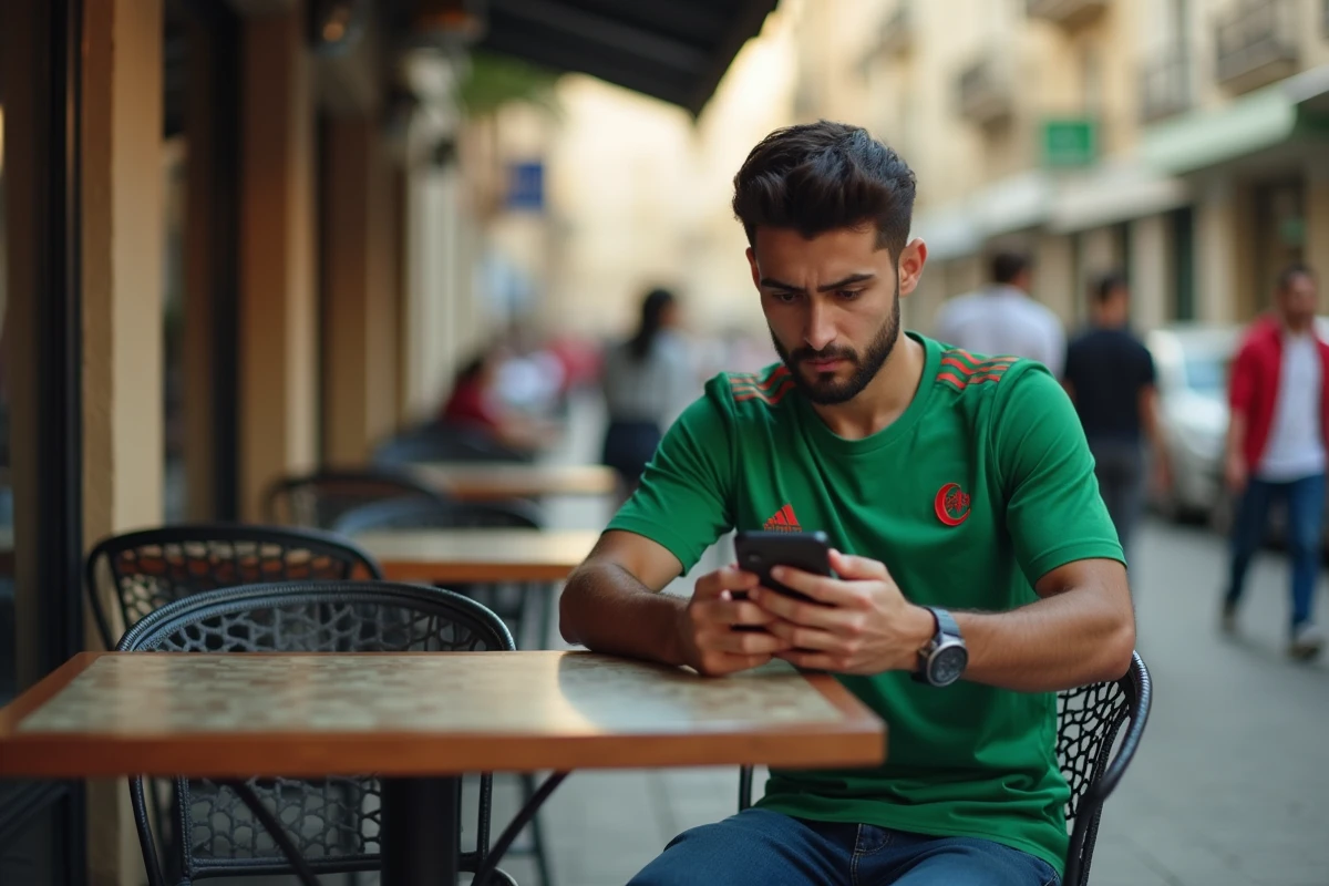 Jeune homme algérien regardant un match sur son smartphone en terrasse