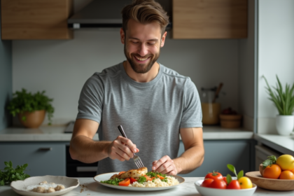 Jeune homme en cuisine préparant un repas équilibré