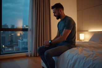 Jeune homme en tenue de sport vérifiant sa montre fitness dans une chambre moderne