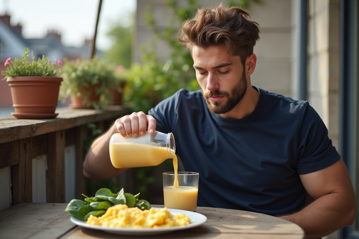 Jeune homme versant un smoothie dans un balcon urbain