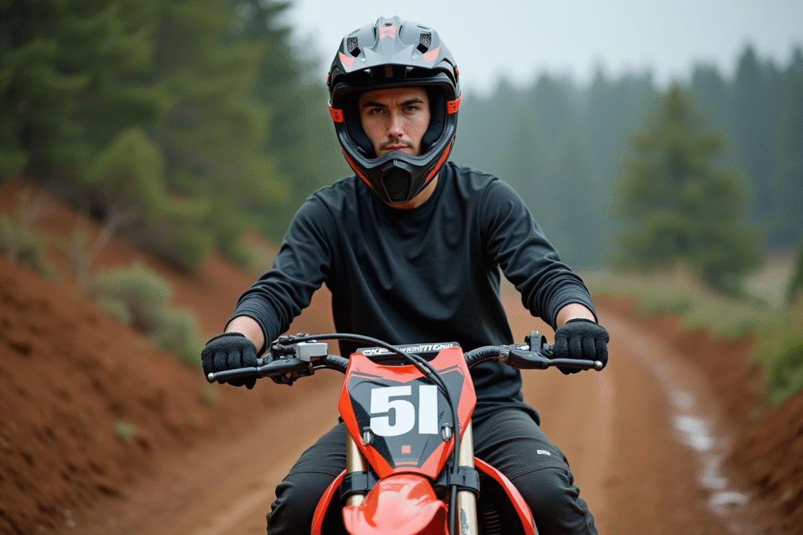 Jeune homme en motocross sur un sentier en forêt