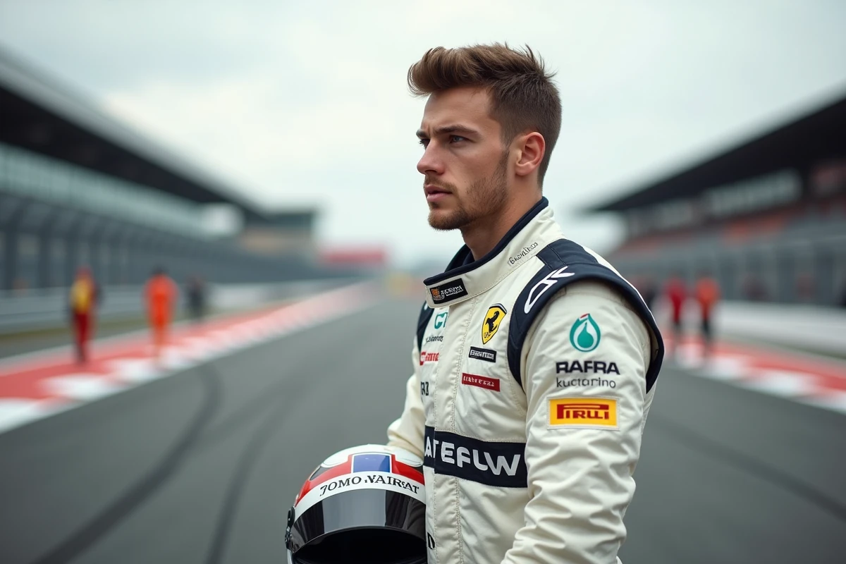 Jeune pilote en combinaison de course regardant au loin