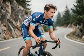 Jeune cycliste professionnel en position de course sur une route de montagne, portant un maillot d'équipe bleu et blanc, regard concentré sur l'effort