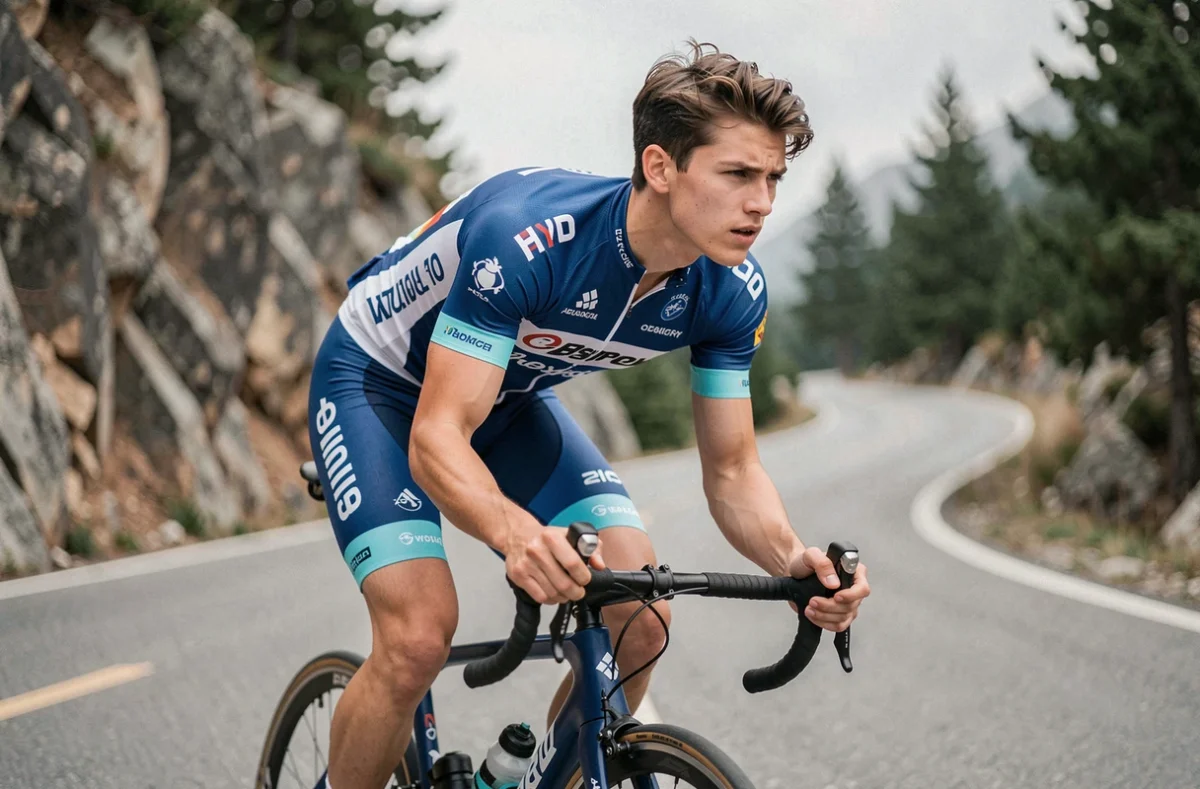Jeune cycliste professionnel en position de course sur une route de montagne, portant un maillot d'équipe bleu et blanc, regard concentré sur l'effort
