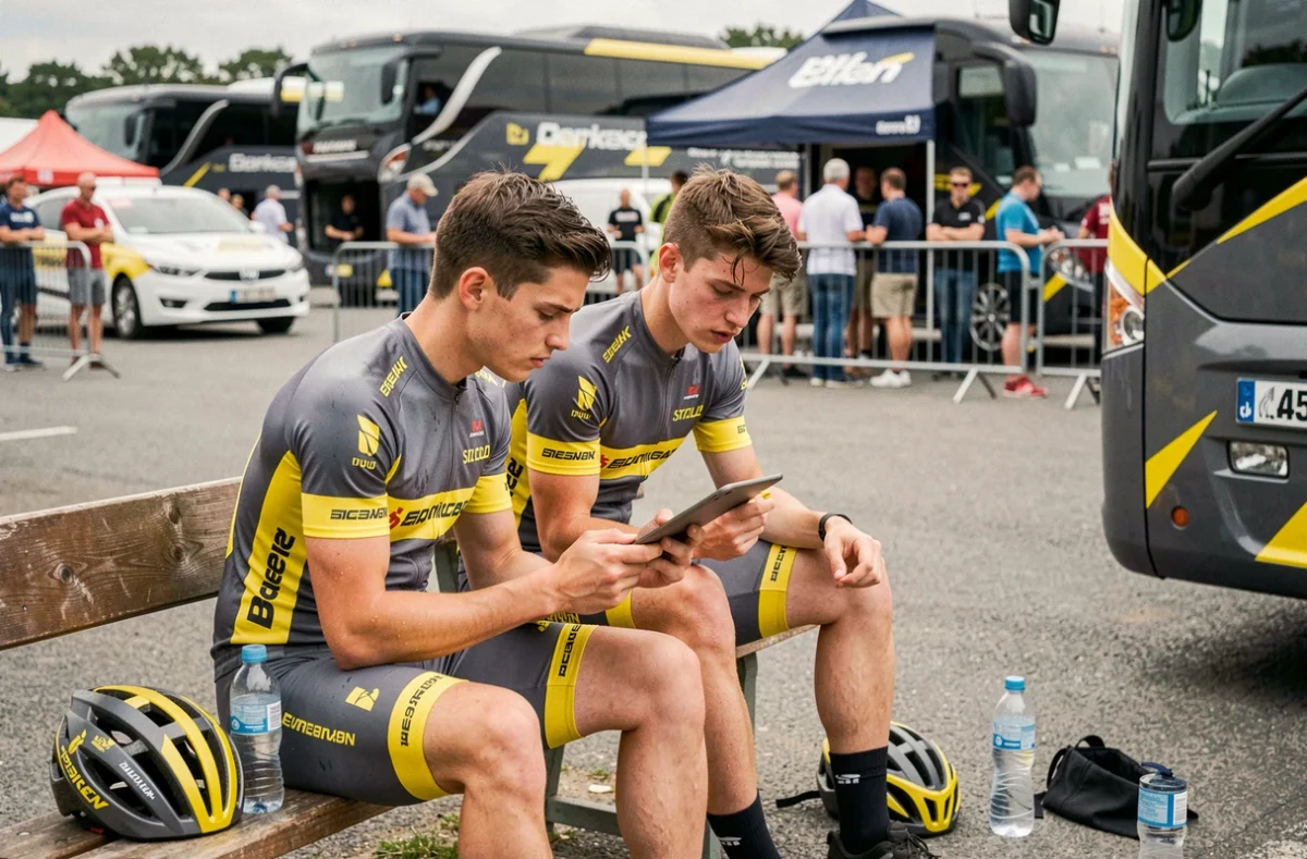Deux jeunes cyclistes professionnels analysant des données sur une tablette dans le paddock d'une course, assis devant le bus de leur équipe en tenue grise et jaune