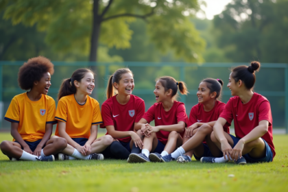 Jeunes sportifs riant ensemble sur le terrain de football