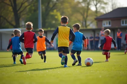 Jeunes joueurs de football de catégorie U8 disputant un match sur un terrain en herbe lors d'un entraînement du district 31