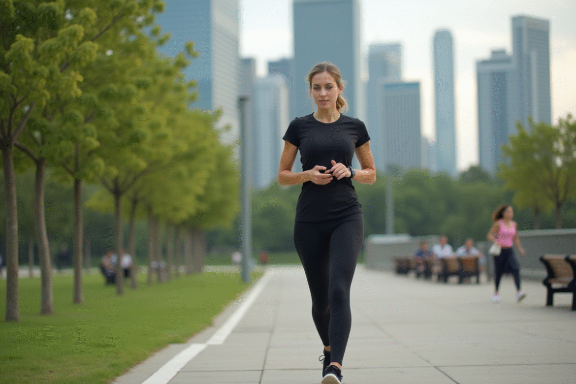 Jeune femme courant dans le parc avec smartwatch et ville en arrière-plan