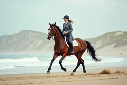 Femme cavaliere en tenue sportive galopant sur la plage