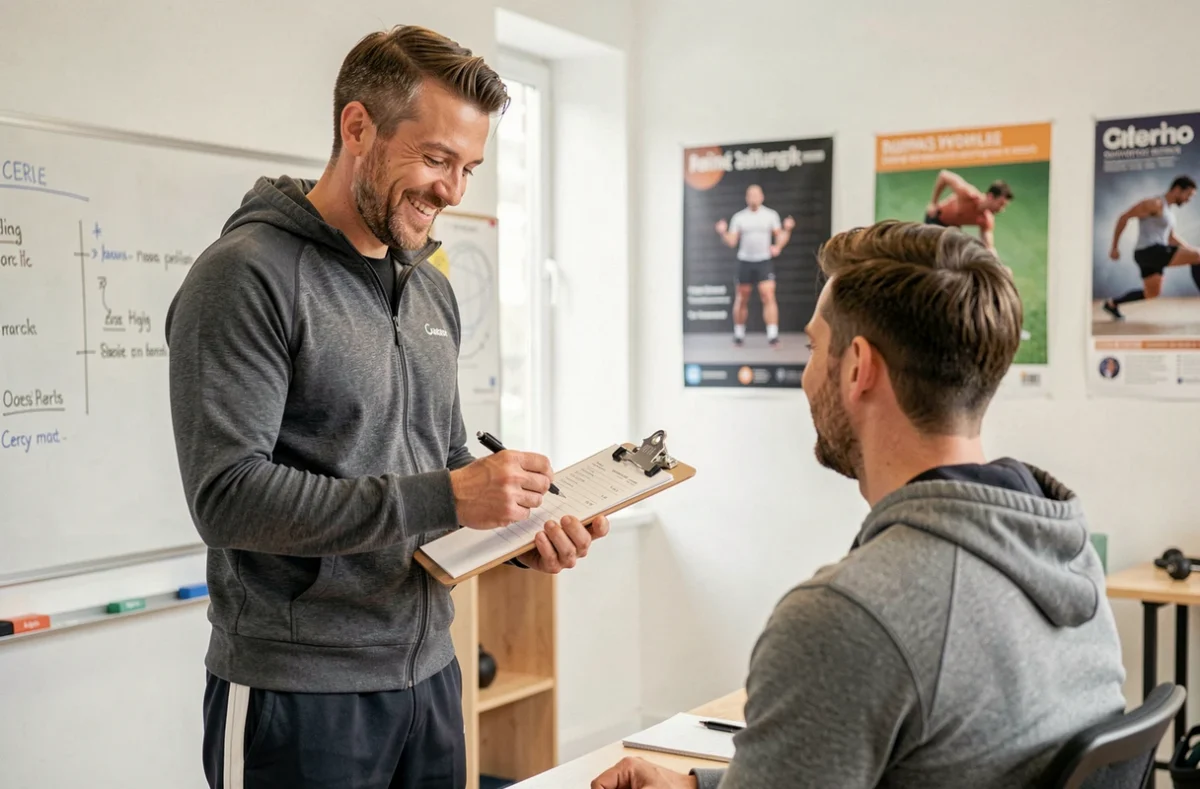 Jonathan Gaborit coach personnel en discussion avec un client autour d'un plan d'entraînement à Cergy