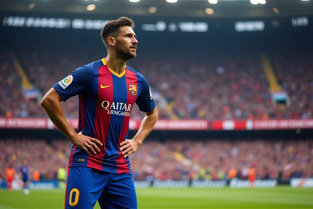 Joueur du FC Barcelone en tenue officielle sur la pelouse du stade devant des milliers de supporters lors de la saison 2026