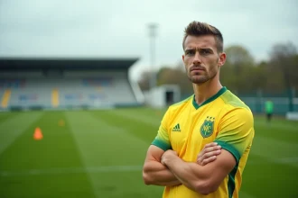 Joueur du FC Nantes en maillot jaune et vert sur le terrain d'entraînement, symbolisant le mercato 2026 du club