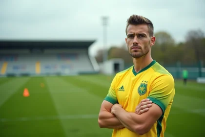 Joueur du FC Nantes en maillot jaune et vert sur le terrain d'entraînement, symbolisant le mercato 2026 du club