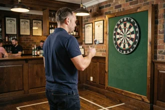 Joueur de fléchettes debout à la ligne de lancer officielle dans un pub anglais, tenant des fléchettes en acier face à une cible réglementaire