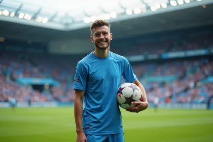 Jeune joueur de football souriant en maillot bleu sur le terrain