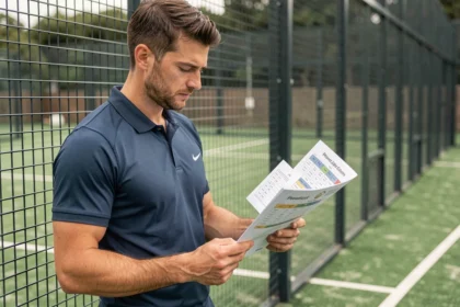 Joueur de padel masculin analysant un tableau de tournoi devant un court extérieur, stratégie de sélection de compétitions P100
