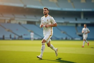 Joueur professionnel du Real Madrid en maillot blanc lors d'un entraînement au Santiago Bernabéu