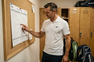 Joueur de tennis adulte analysant le tableau des tournois Point P250 dans un vestiaire de club