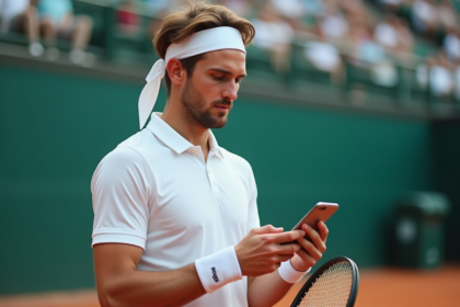 Jeune joueur de tennis regardant son smartphone sur un court en terre battue