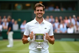 Joueur de tennis professionnel tenant le trophée de Wimbledon sur le court central avec le public en arrière-plan flou