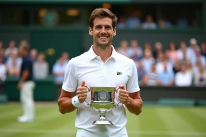 Joueur de tennis professionnel tenant le trophée de Wimbledon sur le court central avec le public en arrière-plan flou