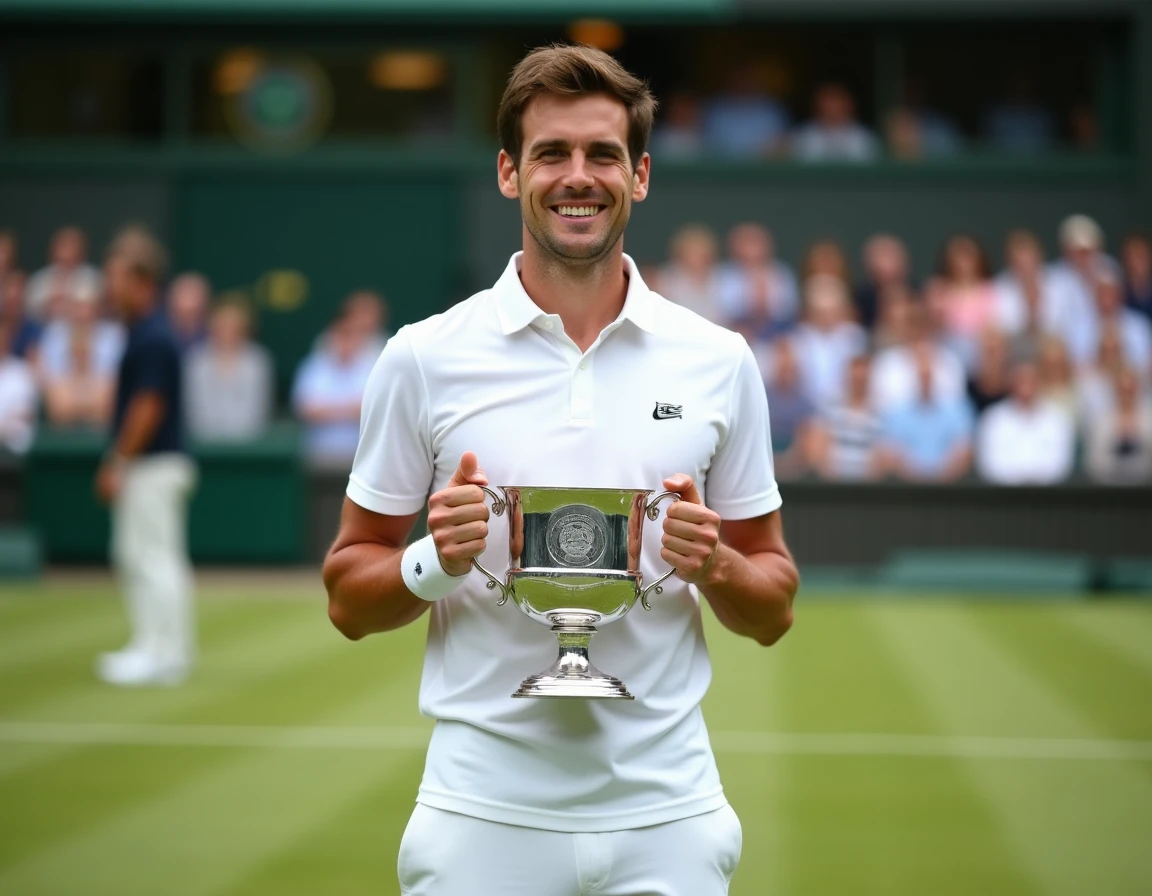 Joueur de tennis professionnel tenant le trophée de Wimbledon sur le court central avec le public en arrière-plan flou
