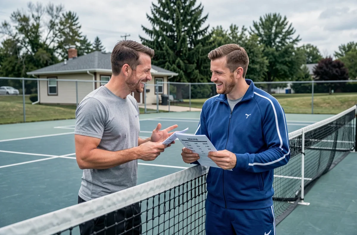 Deux joueurs amateurs comparant leurs fiches de tournois Point P250 sur un court extérieur