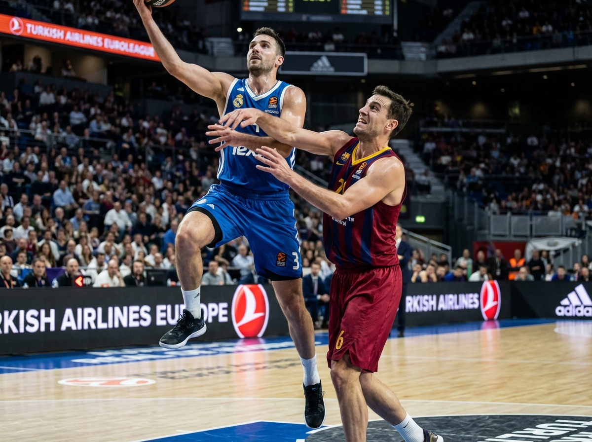 Deux joueurs de basketball EuroLeague en action intense