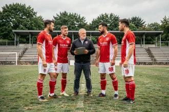 Joueurs de football adultes écoutant leur entraîneur sur un terrain en Drôme-Ardèche lors d'une séance d'intégration en club