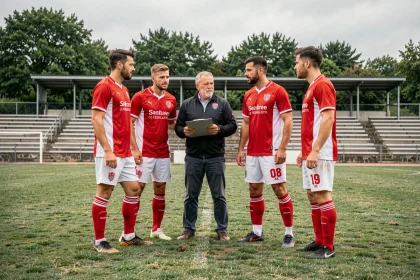 Joueurs de football adultes écoutant leur entraîneur sur un terrain en Drôme-Ardèche lors d'une séance d'intégration en club