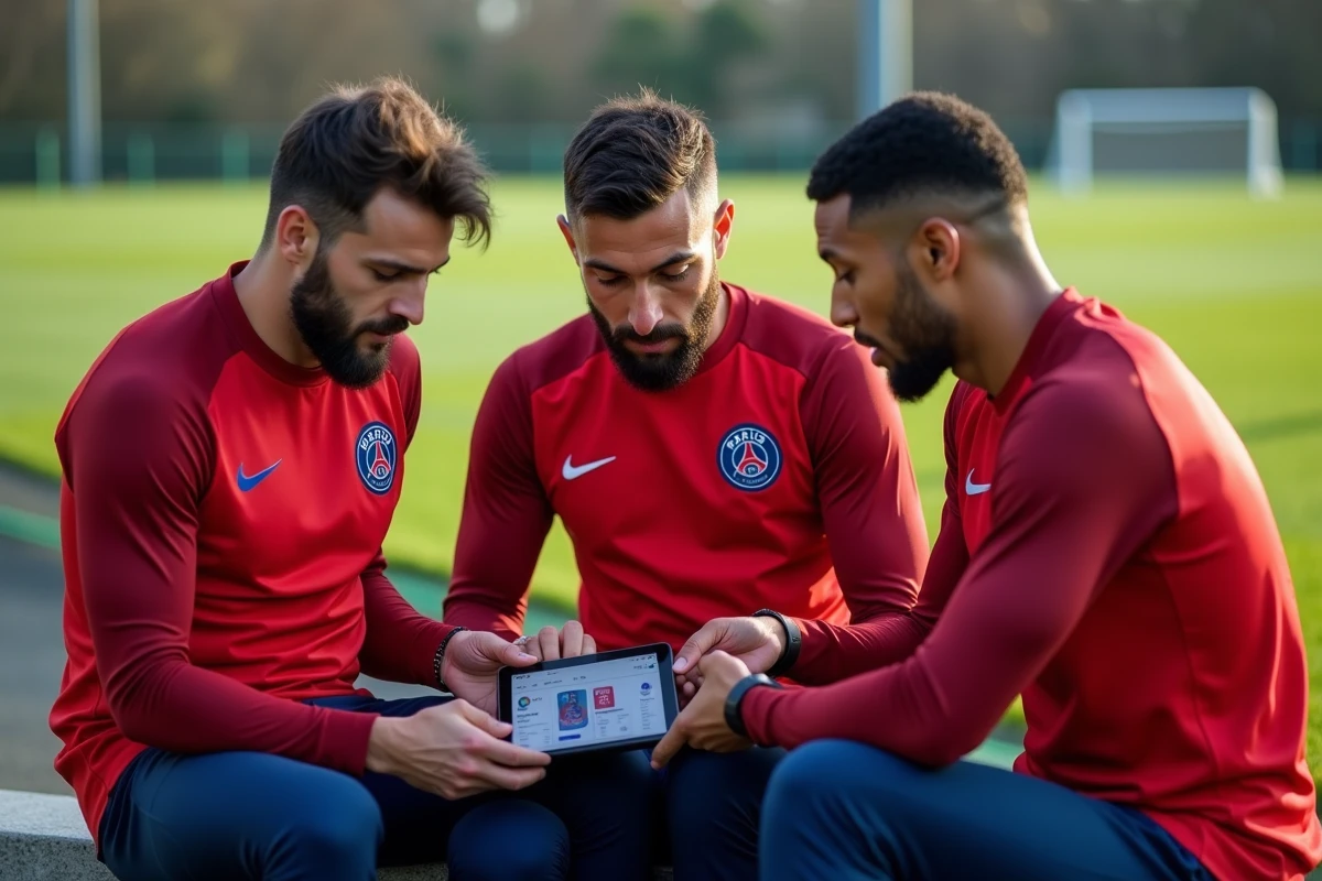 Joueurs du PSG consultant les statistiques et contrats sur une tablette lors d'un entraînement