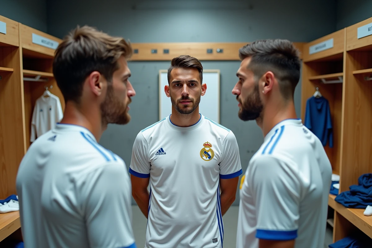 Trois joueurs du Real Madrid en discussion tactique dans le vestiaire professionnel du club