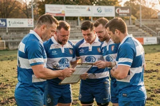Joueurs de rugby amateur consultant le calendrier de la Fédérale 2 Poule 4 sur un terrain en automne