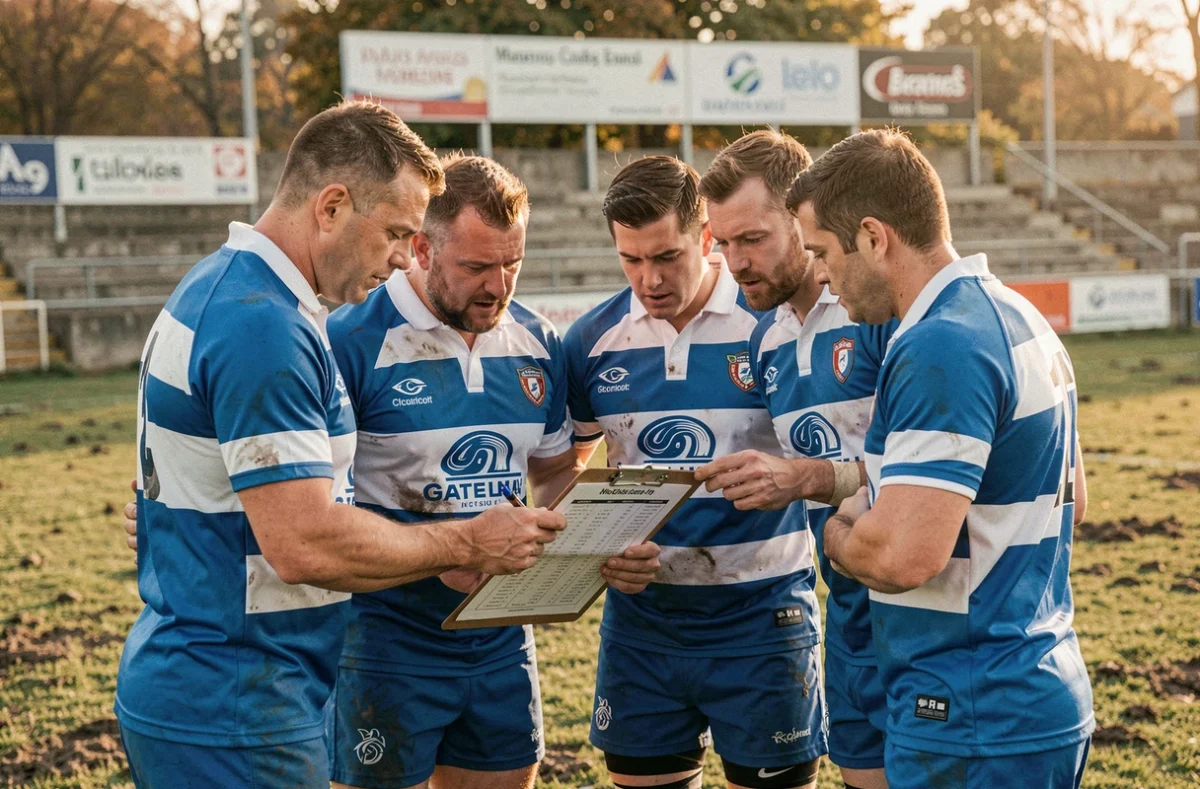 Joueurs de rugby amateur consultant le calendrier de la Fédérale 2 Poule 4 sur un terrain en automne