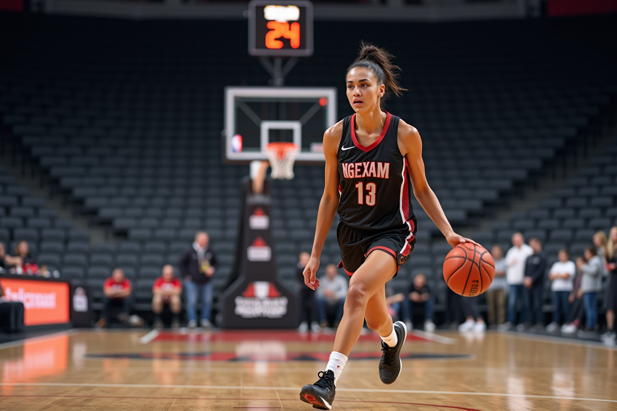 Femme joueuse de basketball dribblant sur terrain intérieur