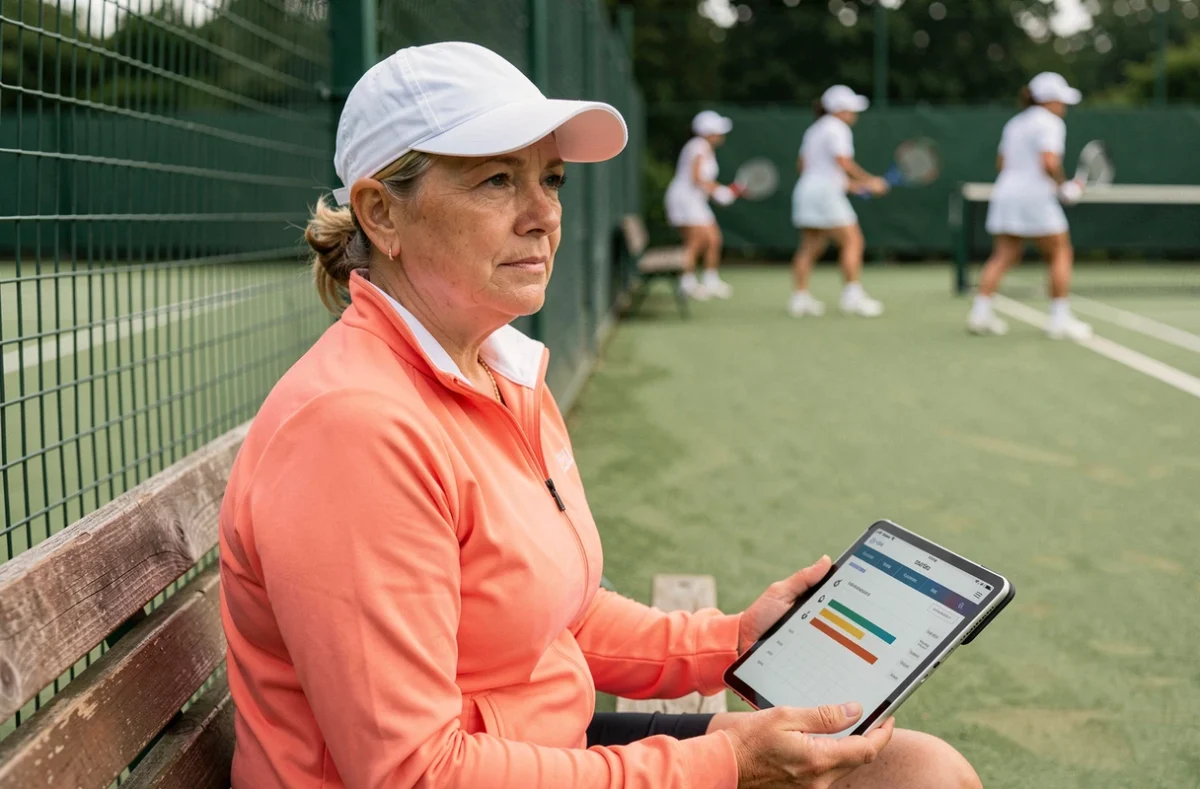 Joueuse de tennis consultant son classement Point P250 sur tablette en bord de court
